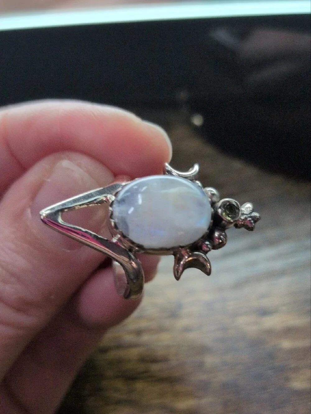 Silver Moonstone and Peridot Statement Ring - Moonlight Glow